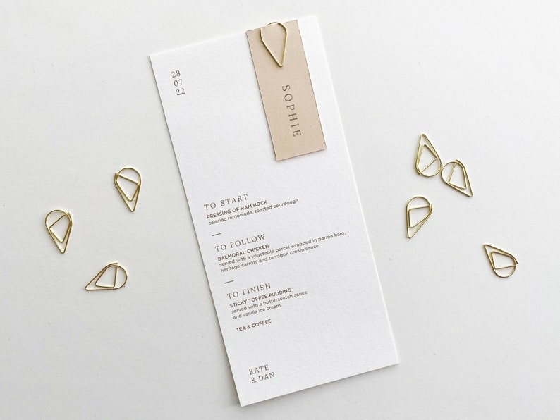 Sage Wedding Menu Personalised Wedding Menu with Gold Teardrop Clip Place Name Card Champagne image 4