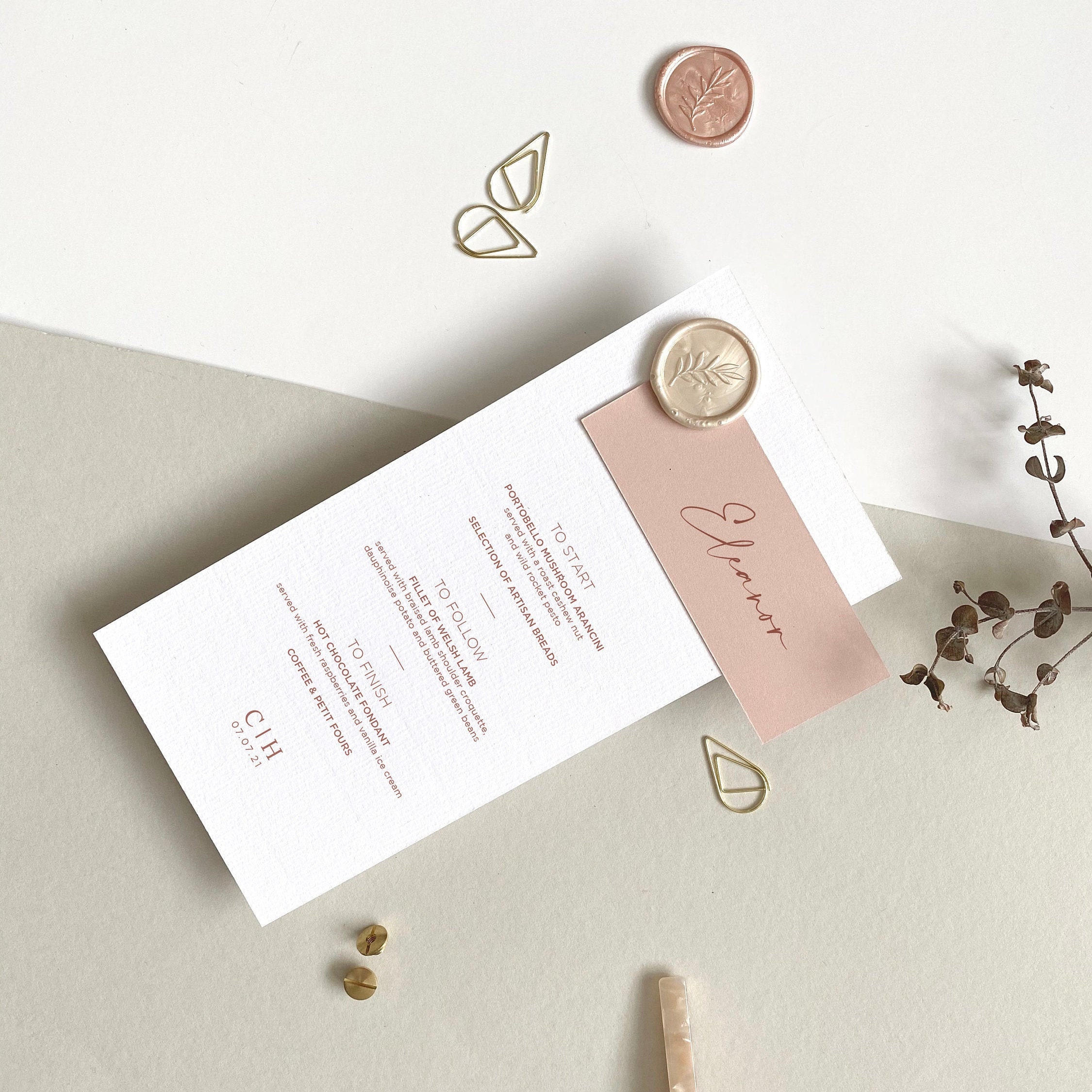 Luxury Wedding Menu - Personalised With Wax Seal Place Name Card