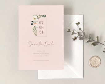 Blush Floral Save The Date - Save The Date Card - Pink Floral & Foliage Invite Card - Invitation - Custom Wedding Stationery