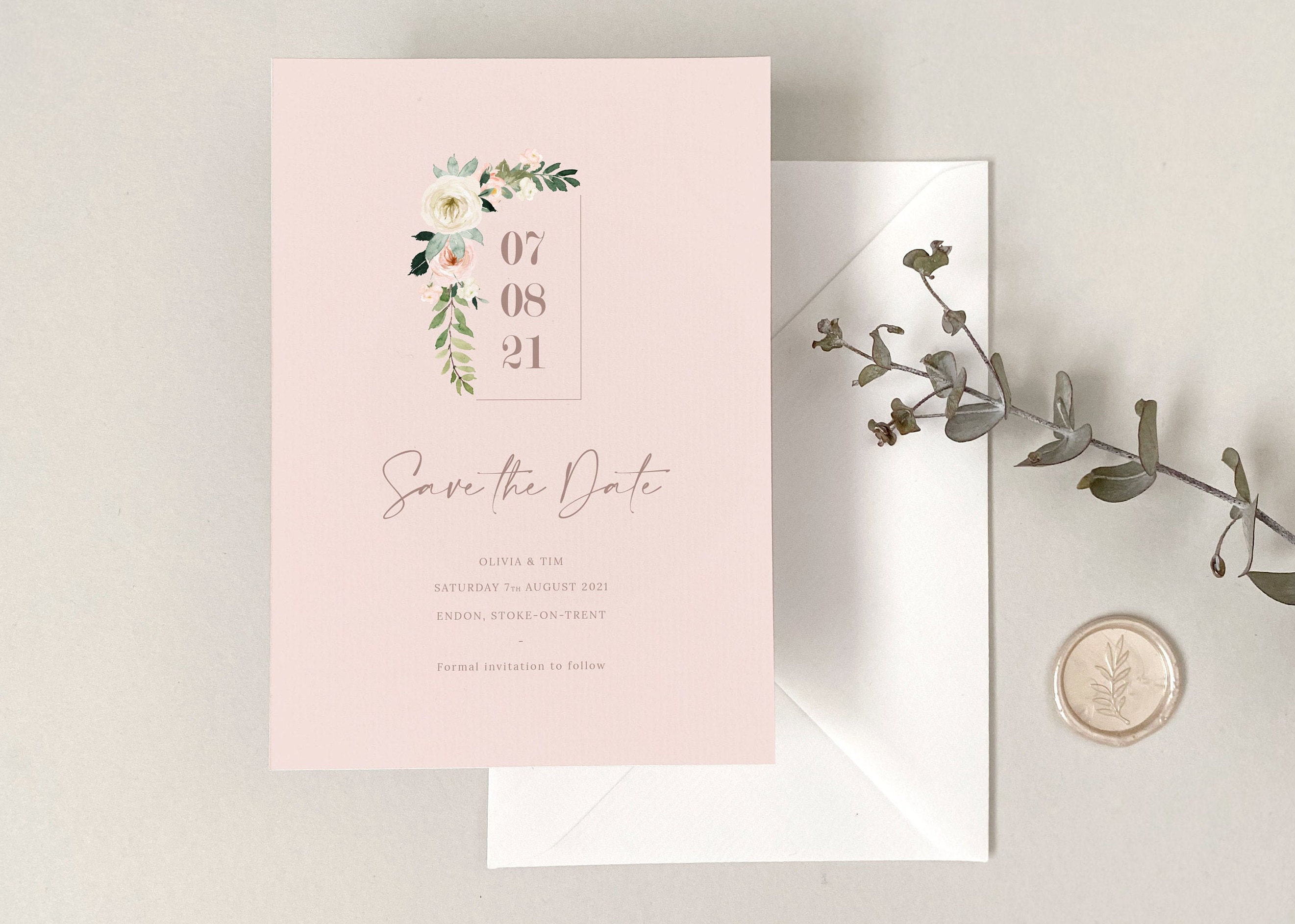 Blush Floral Save The Date - Card Pink & Foliage Invite Invitation Custom Wedding Stationery