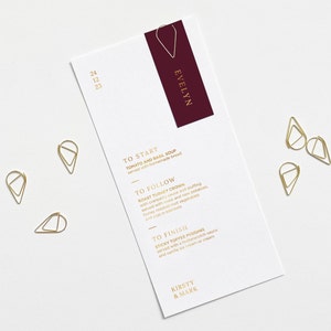 Burgundy Wedding Menu - Gold Foil Wedding Menu - with - Gold Teardrop Clip - Place Name Card - Gold Foil - Black - Navy - Burgundy - Green