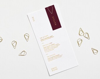Burgundy & Gold Wedding Menu | Custom Place Card with Gold, Silver or Rose Gold Foil