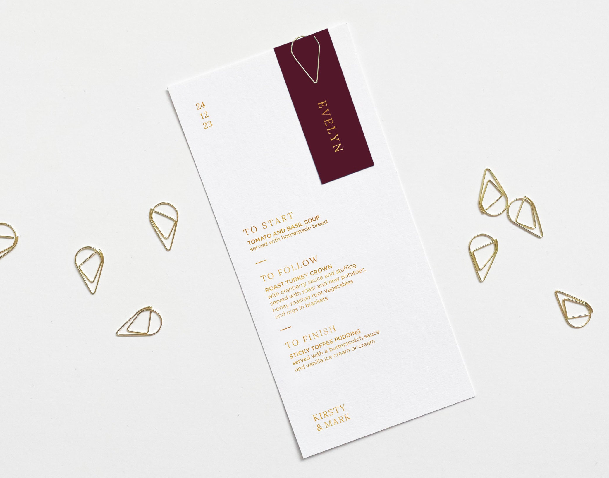 Burgundy Wedding Menu - Gold Foil With Teardrop Clip Place Name Card Black Navy Green