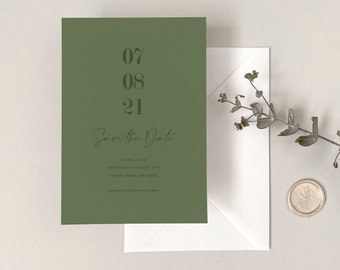 May include: A green save the date card with the date "07 08 21" in bold white font. The text "Save the Date" is written in cursive script. The card also includes the names "Olivia & Tom", the date "Saturday 7 August 2021", and the location "Endon, Stoke-on-Trent".