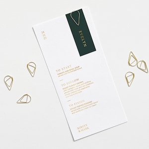 Menu de mariage vert et or - Menu de mariage en feuille d'or - avec - Clip en forme de larme d'or - Carte de nom de lieu - Feuille d'or - Noir - Marine - Bourgogne