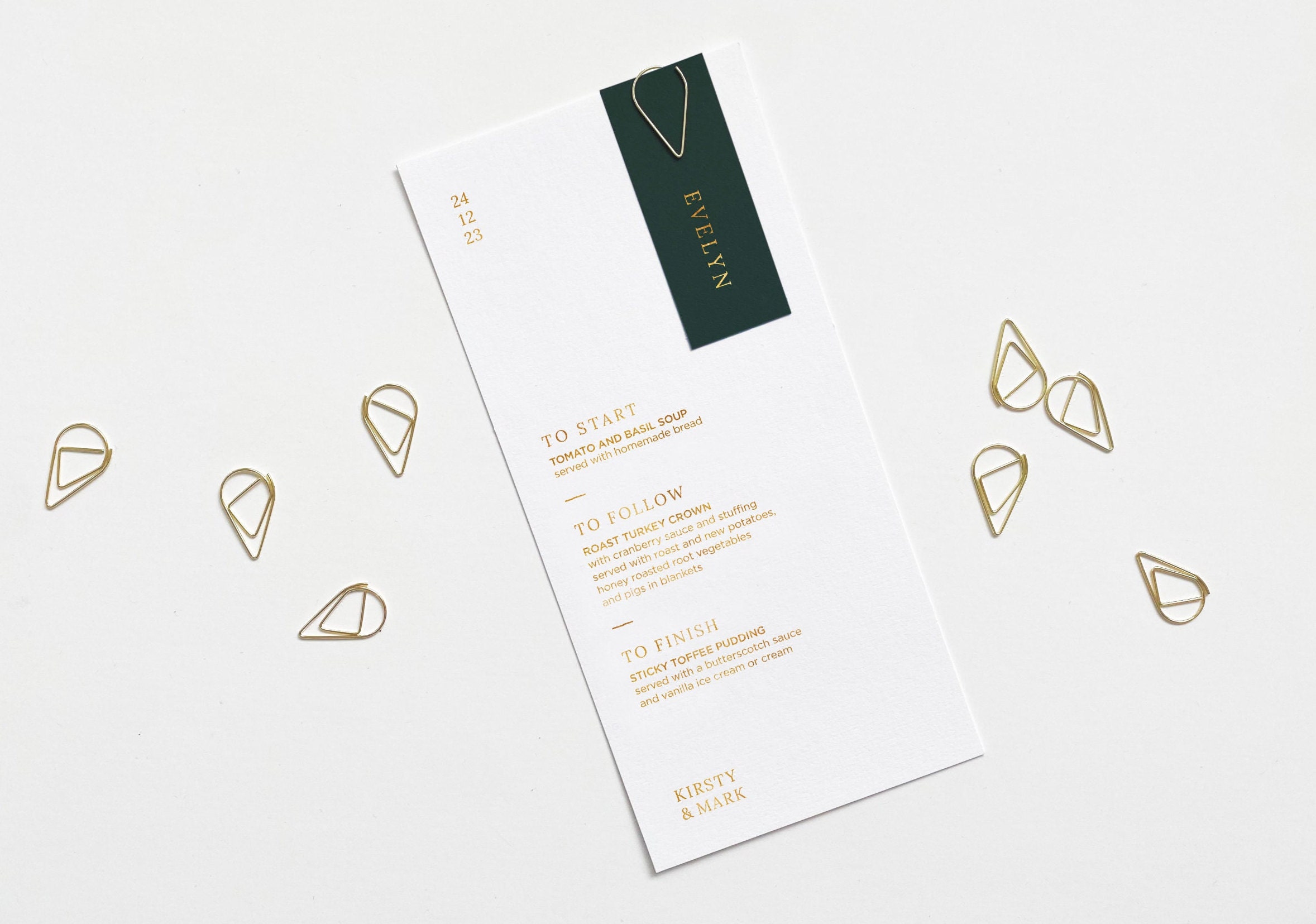 Green & Gold Wedding Menu - Foil With Teardrop Clip Place Name Card Black Navy Burgundy