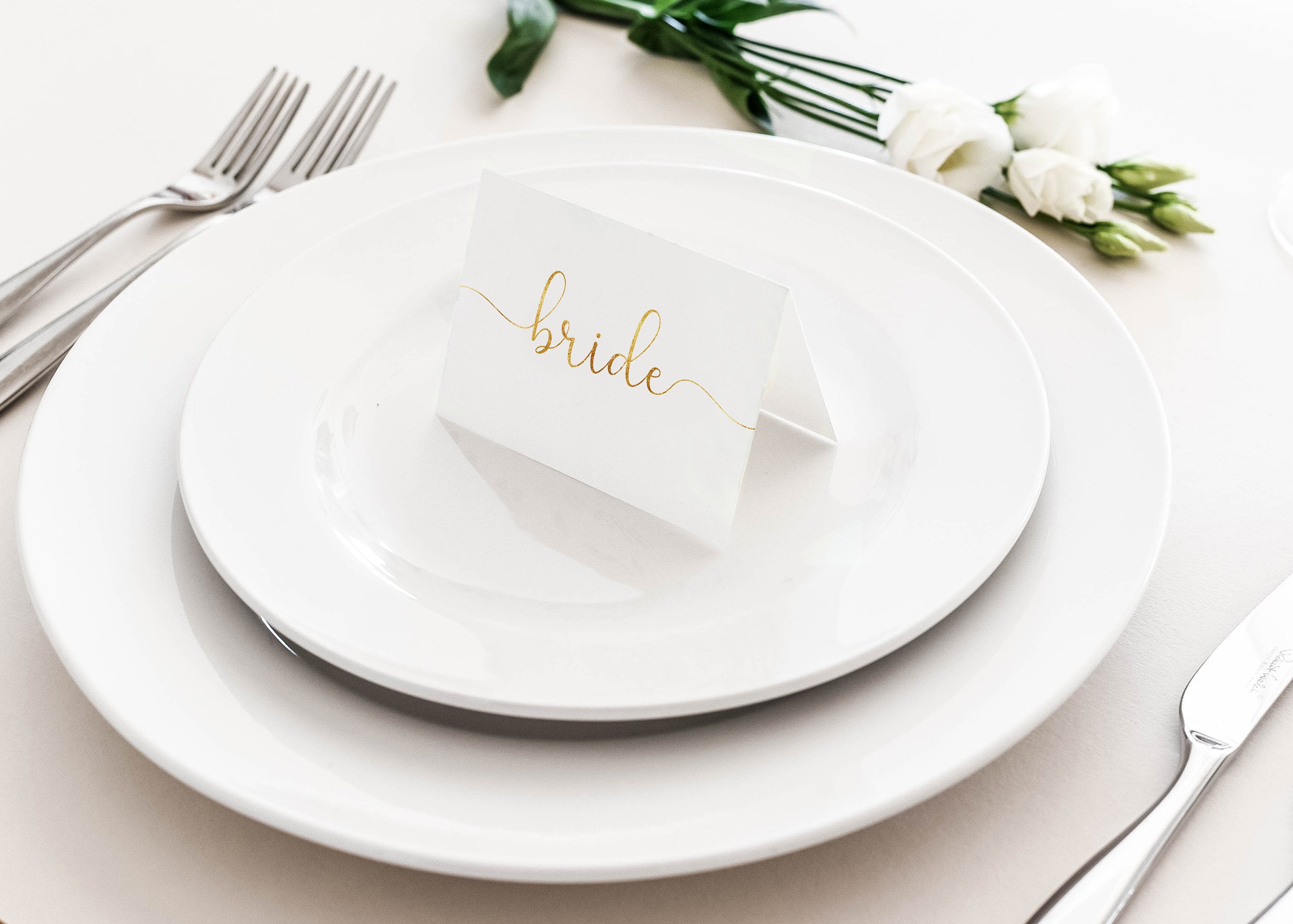 Gold Foil Wedding Place Cards - Name Calligraphy Style Rose Setting