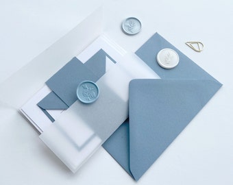 Dusty Blue Wedding Invitation Sample | Invitation Suite with Vellum and Wax Seal | Custom Colourscheme
