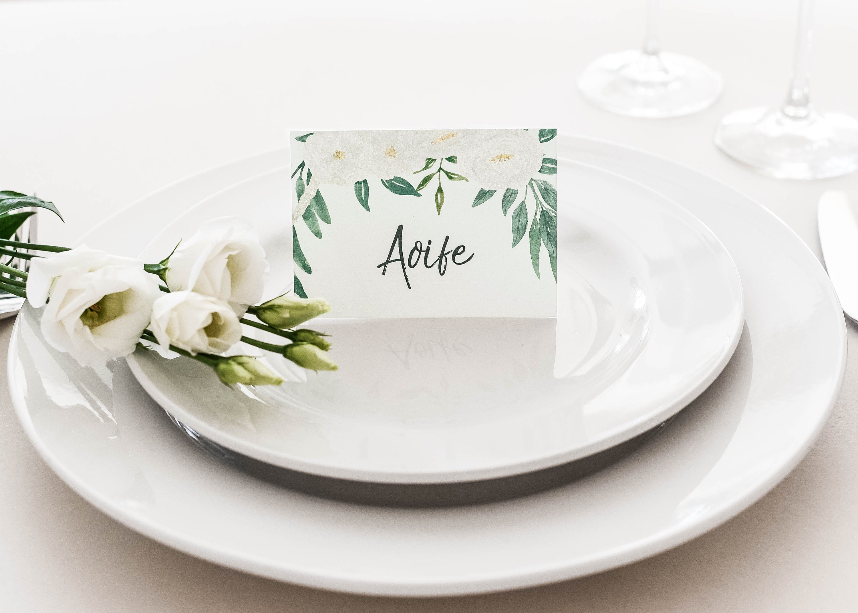 White & Green Floral Place Setting - Wedding Name Card Custom Stationery