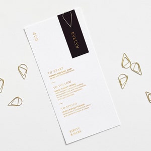 Menu de mariage d'hiver - Menu de mariage personnalisé - avec - Clip en forme de larme d'or - Carte de nom de lieu - Feuille d'or - Noir - Marine - Bourgogne - Vert