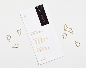 Winter Wedding Menu - Personalised Wedding Menu - with - Gold Teardrop Clip - Place Name Card - Gold Foil - Black - Navy - Burgundy - Green