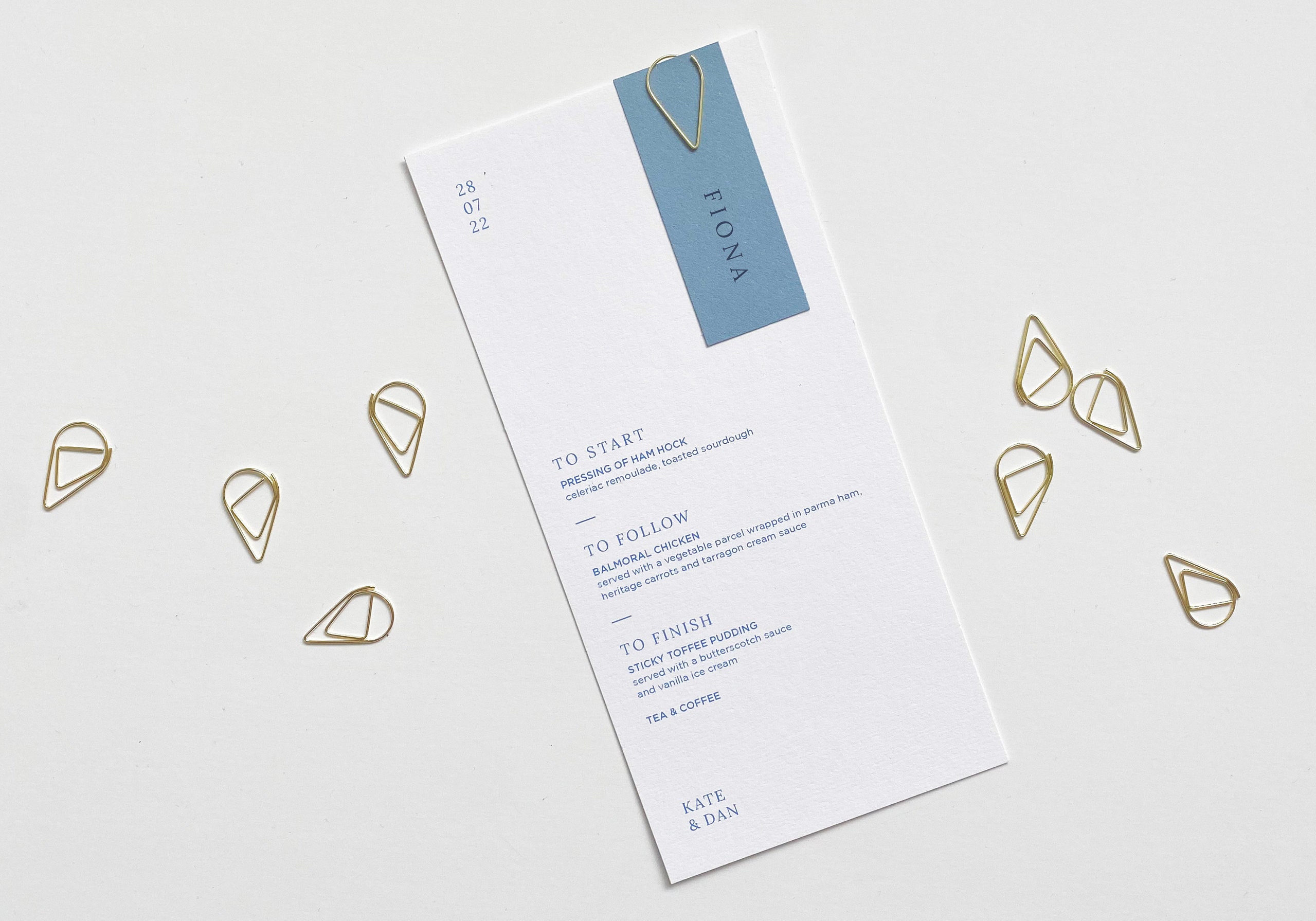 Blue Wedding Menu - Personalised Card With Gold Teardrop Clip Place Name