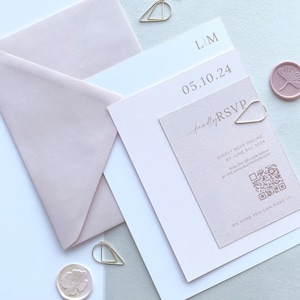 Blush Wedding Invitation, Pale Pink Wedding Invite with Gold Clip, Beige, Ivory, Cream, Blush, Sage, Terracotta, Blue, Grey, SAMPLE