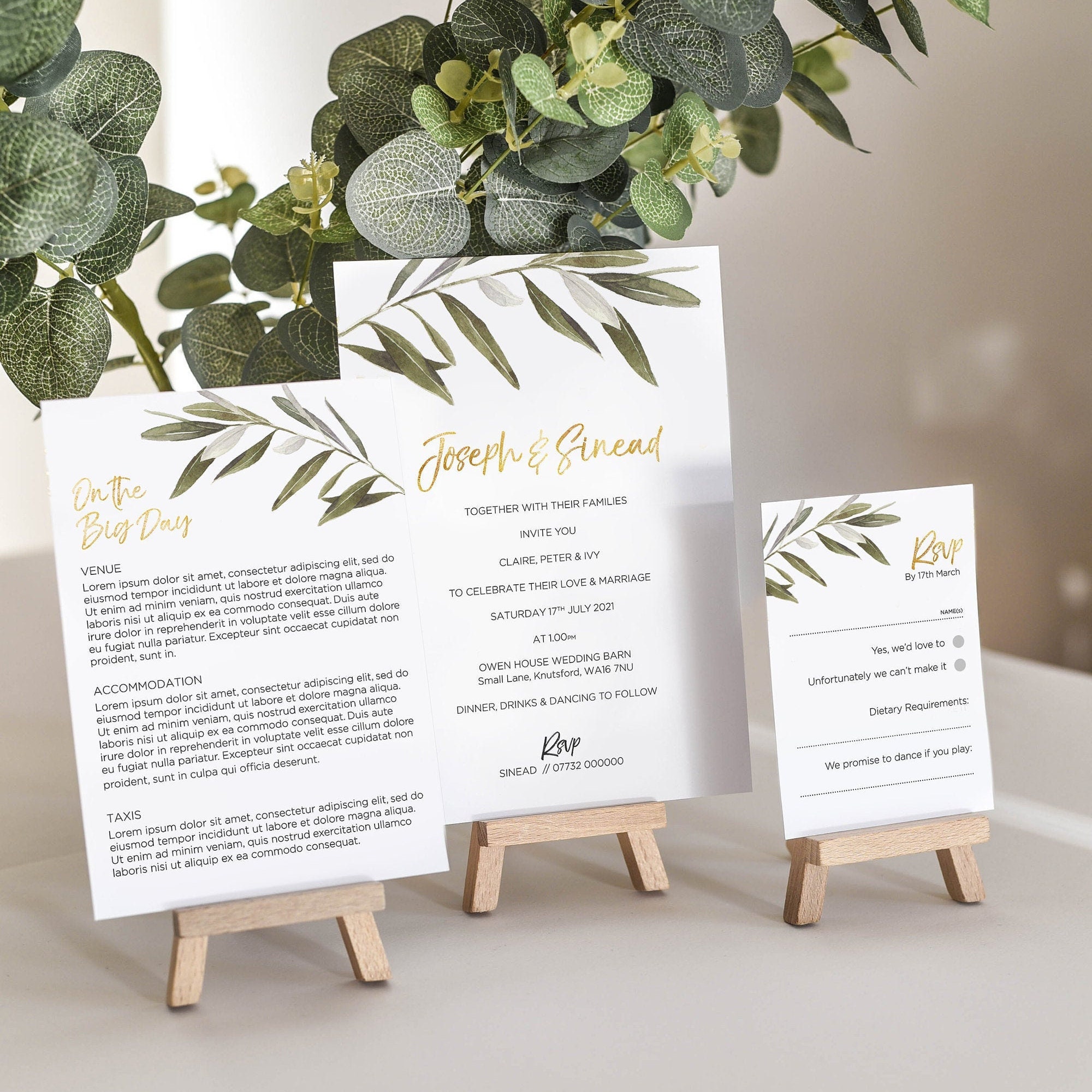 Olive Branch Wedding Invitation - Gold Foil Invite Custom Bundle Boho Botanical Foliage