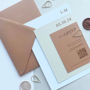 Terracotta Wedding Invitation, Rust Wedding Invite with Gold Clip, Autumn Wedding Invitation, Beige Invitation, SAMPLE