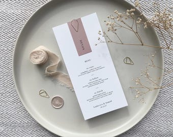 Dusty Rose Wedding Menu I Luxury Place Setting with Custom Name Card and Silver Clip