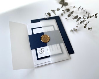 200 x A5 invitation, 5x7” details insert, A6 RSVP/return addressed navy envelope, navy wrap, vellum sleeve, gold wax seal & navy envelope