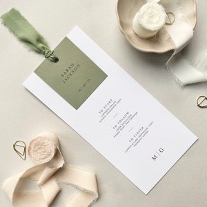 Elegant Sage Wedding Menu, Chiffon Ribbon  I  Sage  I  Forest  I Green  I  Custom  I  Personalised Menu