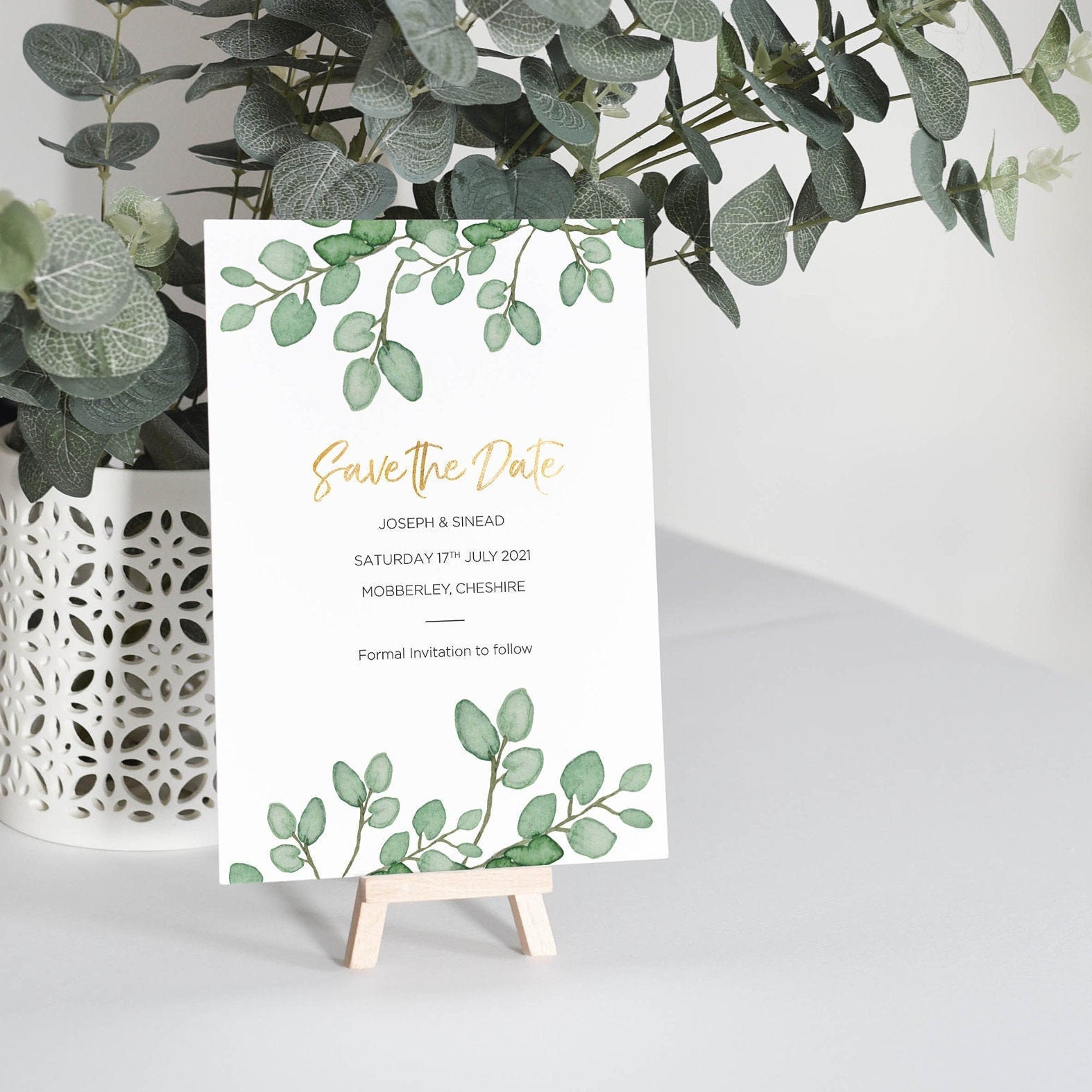 Eucalyptus Save The Date - Card & Gold Foil Wedding Invitation Botanical