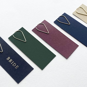 Etichetta per menù in lamina d'oro - Biglietto per matrimonio - con clip a goccia dorata - Segnaposto - Nero - Borgogna - Blu navy - Verde - Champagne