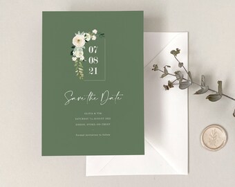 Sage Floral Save The Date - Save The Date Card - White Floral & Foliage Invite Card - Invitation - Custom Wedding Stationery