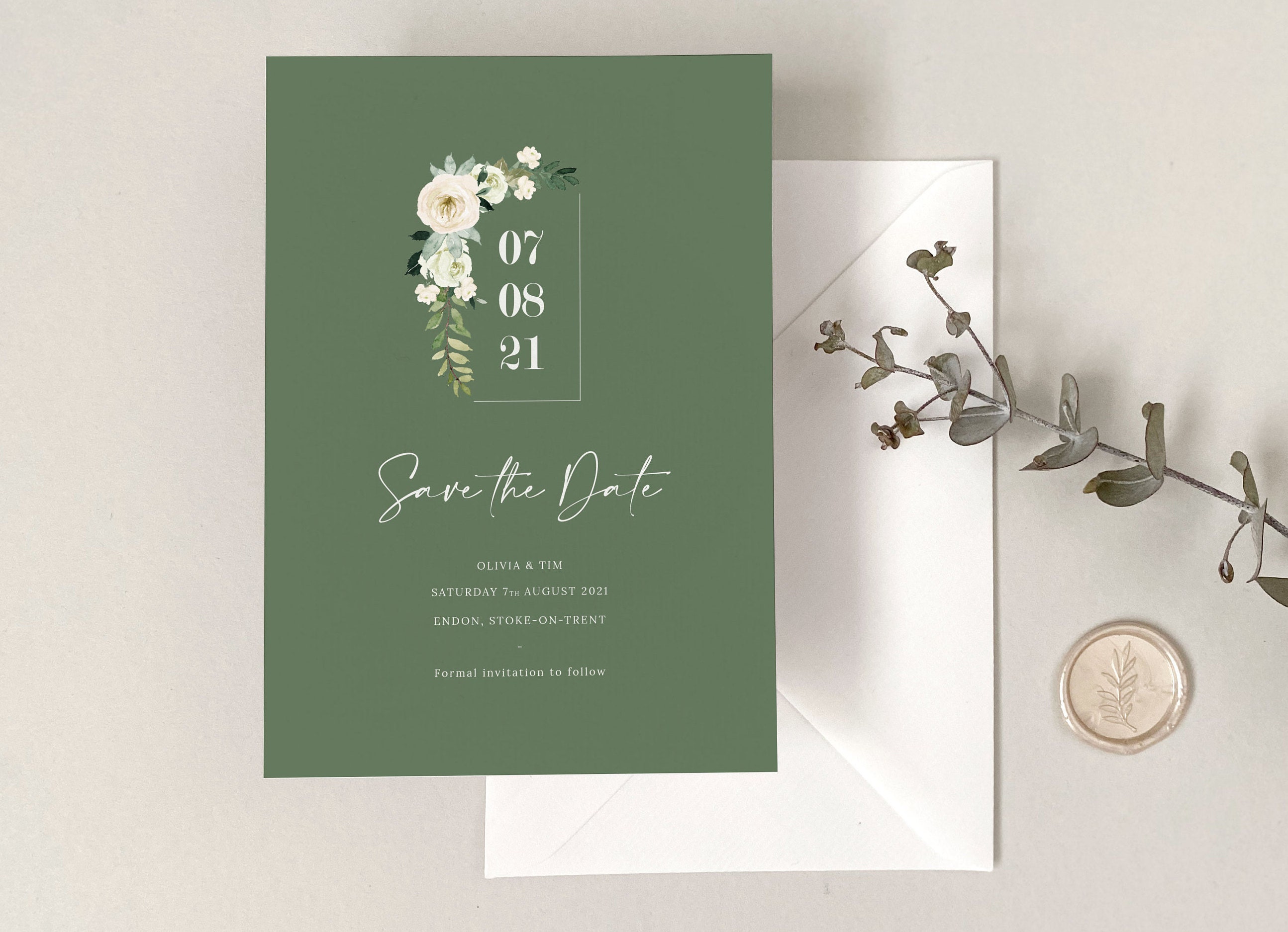 Sage Floral Save The Date - Card White & Foliage Invite Invitation Custom Wedding Stationery