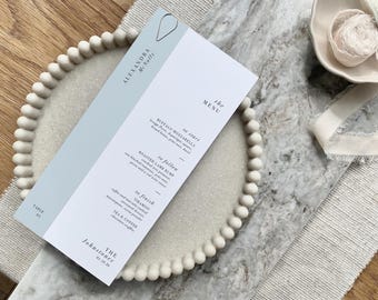 Pale Blue Wedding Menu | Personalised Place Setting with Silver Teardrop Clip