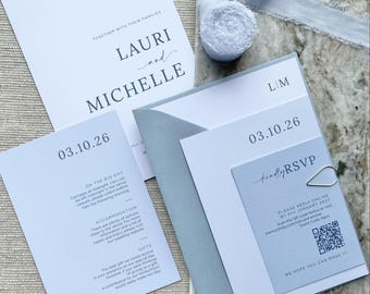 Pale Blue Wedding Invitation Sample – Gold Clip, Custom Colors