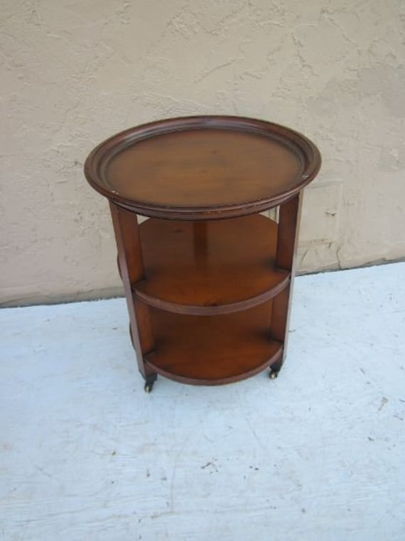 Vintage Tray Side Table Wood 3 Tier on Wheels Dark Tone Shipping