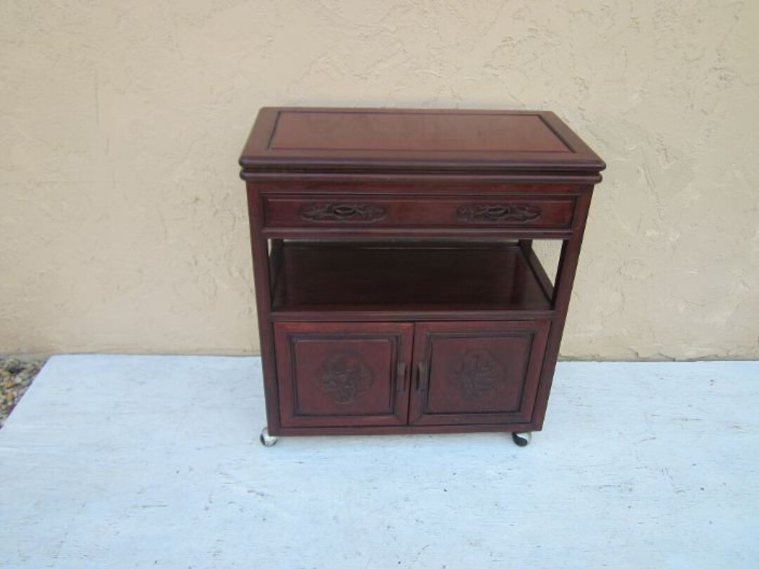 Wood Buffet Rolling Bar Cart Drink Server Expandable Top One Drawer Felt Lined Shipping is