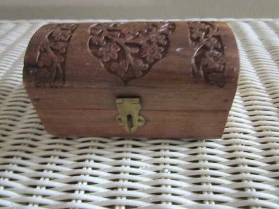 Carved Wood Small Jewelry Box From India Dark Woo… - image 1