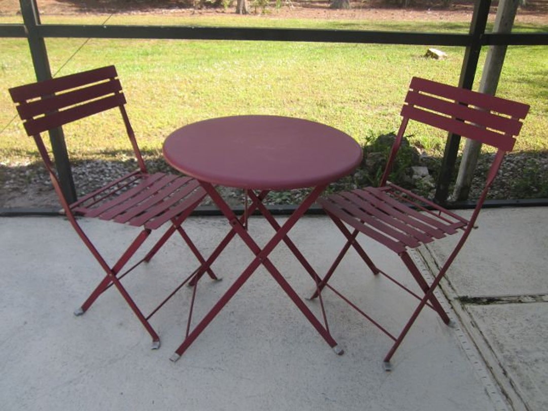 Vintage Metal Patio Set Round Folding Table and Two Folding Chairs Red Set of 3shipping is Not