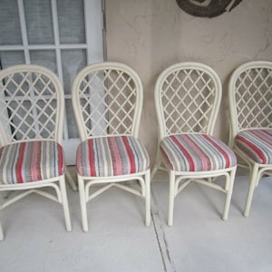 Vintage Bamboo Rattan Dining Chairs Upholstered Striped Seat White Set of 4 Shipping Is Not Free