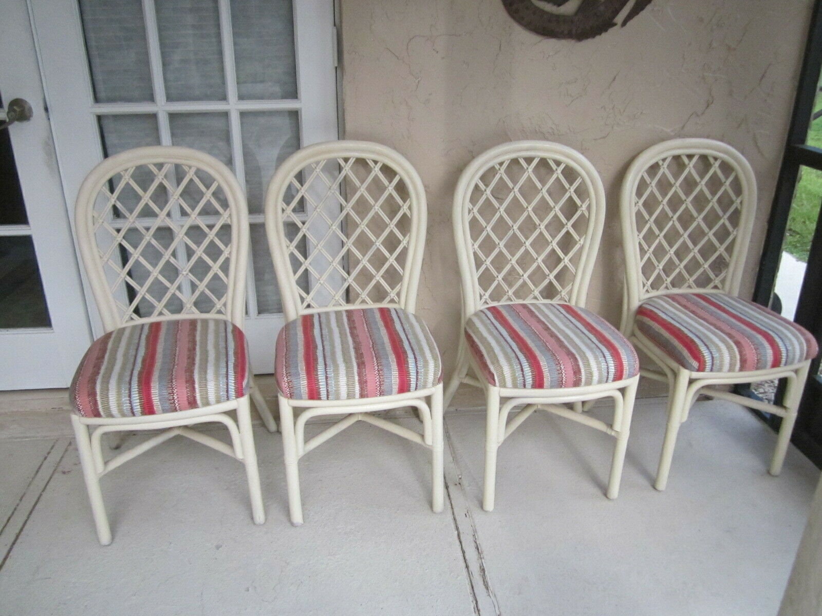 Vintage Bamboo Rattan Dining Chairs Upholstered Striped Seat White Set of 4 Shipping Is Not Free Etsy