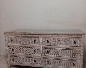 Vintage White dresser wicker rattan glass top Henry Link By Lexington