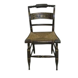 Antique Hitchcock Style Black Gold Stenciled Farmhouse Rush Seat Side Chair