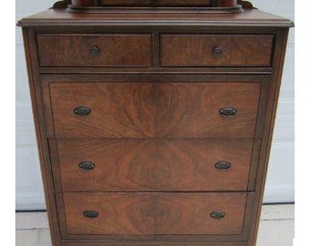 Antique Highboy Dresser Chest 6 Drawers Wood Medium Tone On WheelsShipping is not included