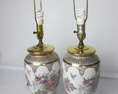 Vintage Chinese Hand Painted Floral Ginger Jar Porcelain Ceramic Table Lamp Set