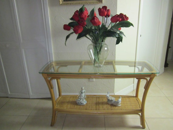Rattan Wicker Glass Top Sofa Or Foyer Table Caramel Color Etsy