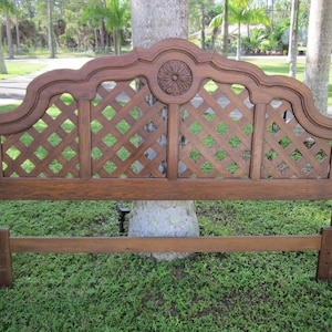 Vintage Wood King Size Headboard Lattice Inserts Flower Detail Dark Tone    . Shipping Is Not Included