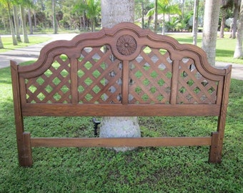 Vintage Wood King Size Headboard Lattice Inserts Flower Detail Dark Tone    . Shipping Is Not Included