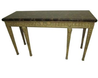 Vintage Maitland Smith Console Table Carved Wooden Base Faux Marble Top