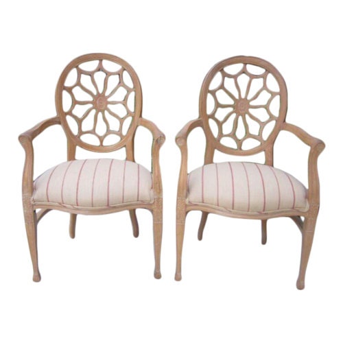 Gorgeous Ethan Allen Arm Chair Spider Back Wash Wood Cotton Fabric