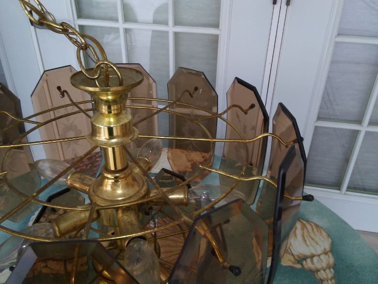 Vintage Glass 5-light Chandelier Beveled Etched Amber Glass