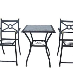 May include: A black metal patio set with two chairs and a square table. The table has a gray tiled top.
