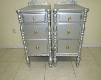 Antique Colonial Style Nightstand Three Drawer Silver Set of 2