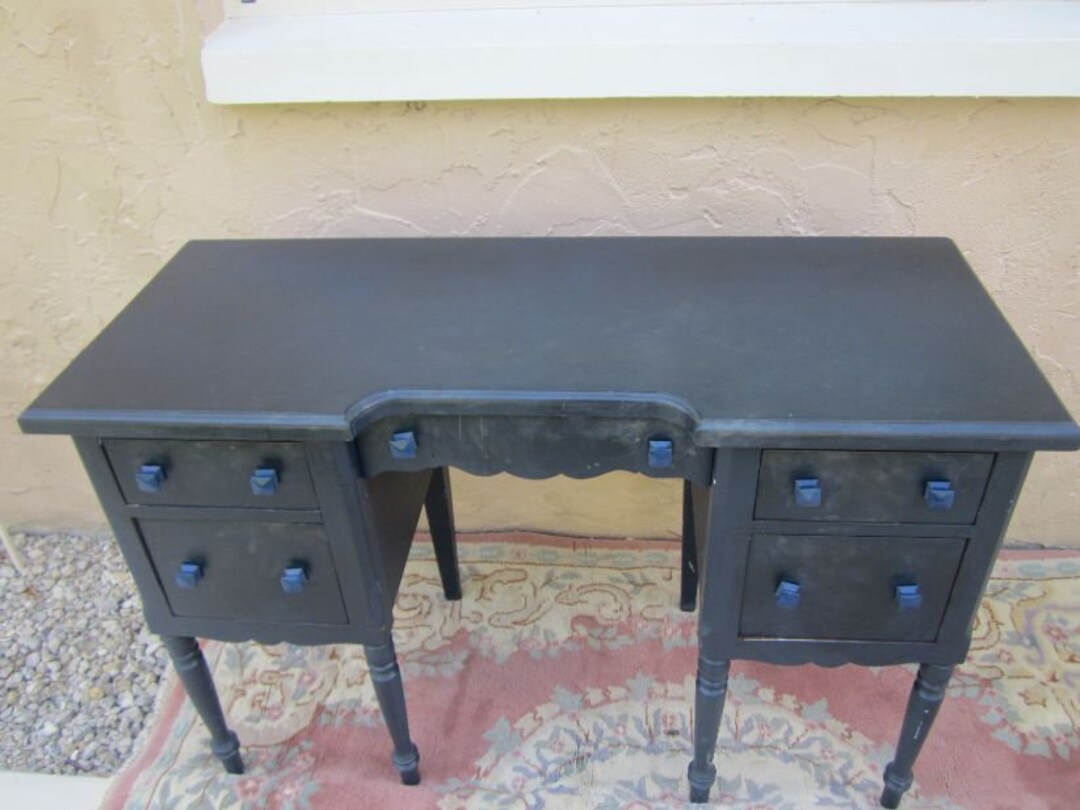 Vintage Dark Blue Wood Desk 5 Drawers Cottage Style Shipping Etsy
