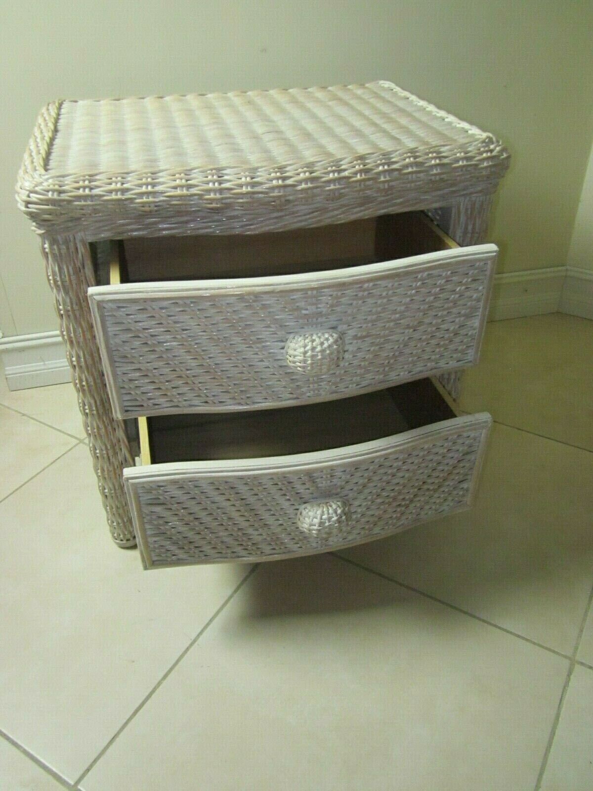 Wicker Rattan Nightstand Two Drawer Coastal Style Ivory Color Shipping