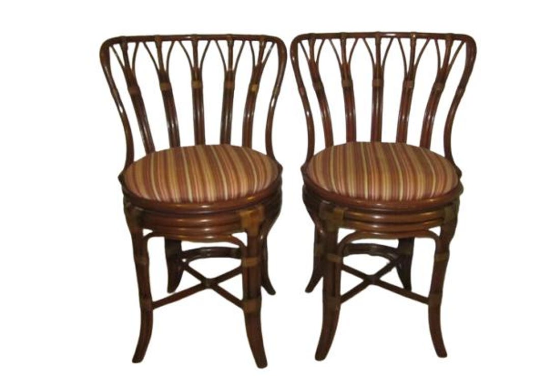 Tommy Bahama Style Bamboo Rattan Upholstered Seat Swivel Bar Stool