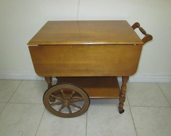 Vintage cart bar maple colonial Early American drop leaf bar cart tea one drawer